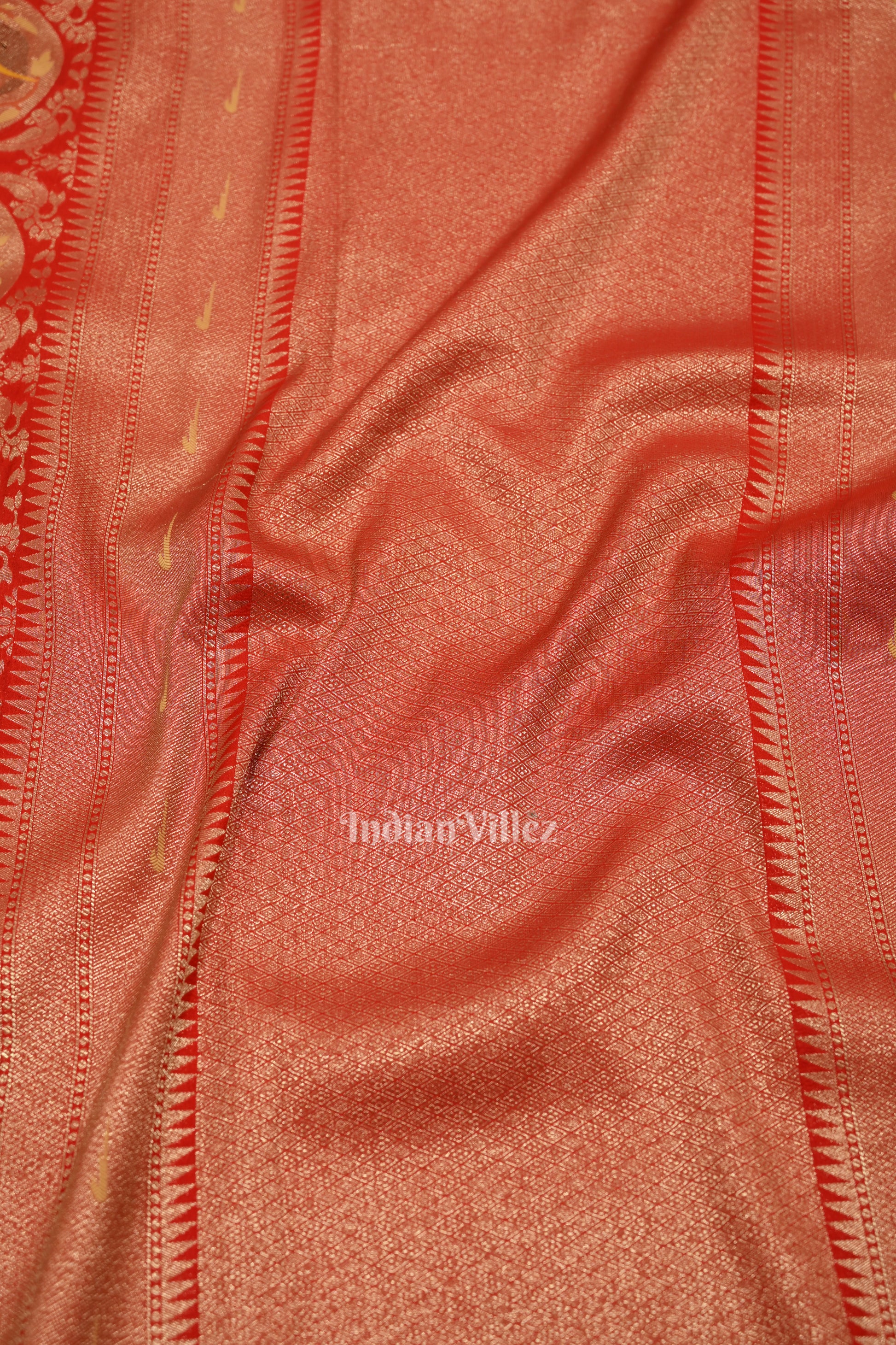 Red Shikargah Theme Banarasi Georgette Saree 
