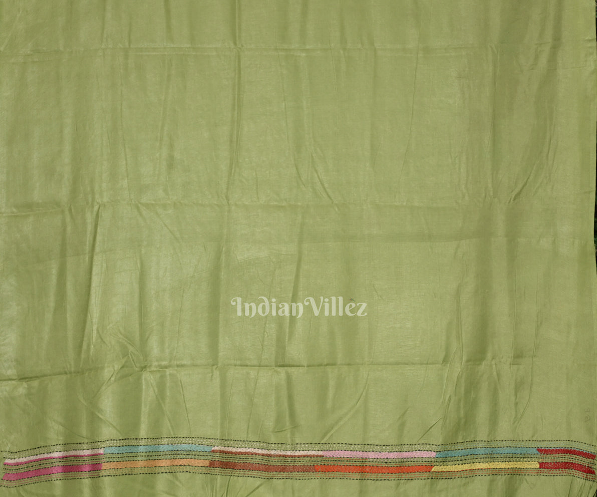 Parrot Green Handwoven Kantha Stitch Silk Saree 