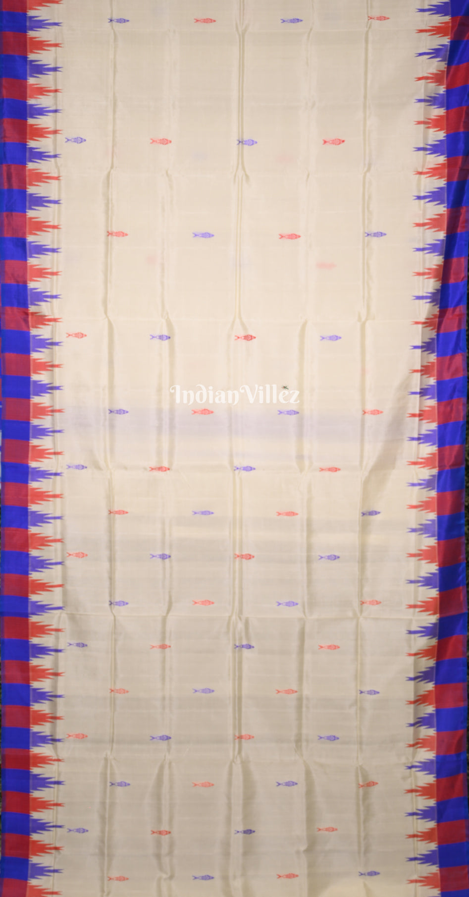 White with Multicolour Fish Motif Double Pallu Berhampuri Silk Saree