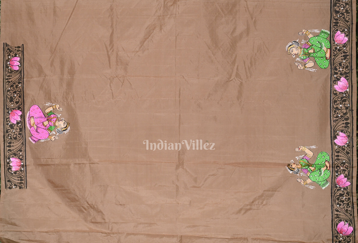 Cream Beige Dancing Nartaki Theme Hand-Painted Pattachitra Saree