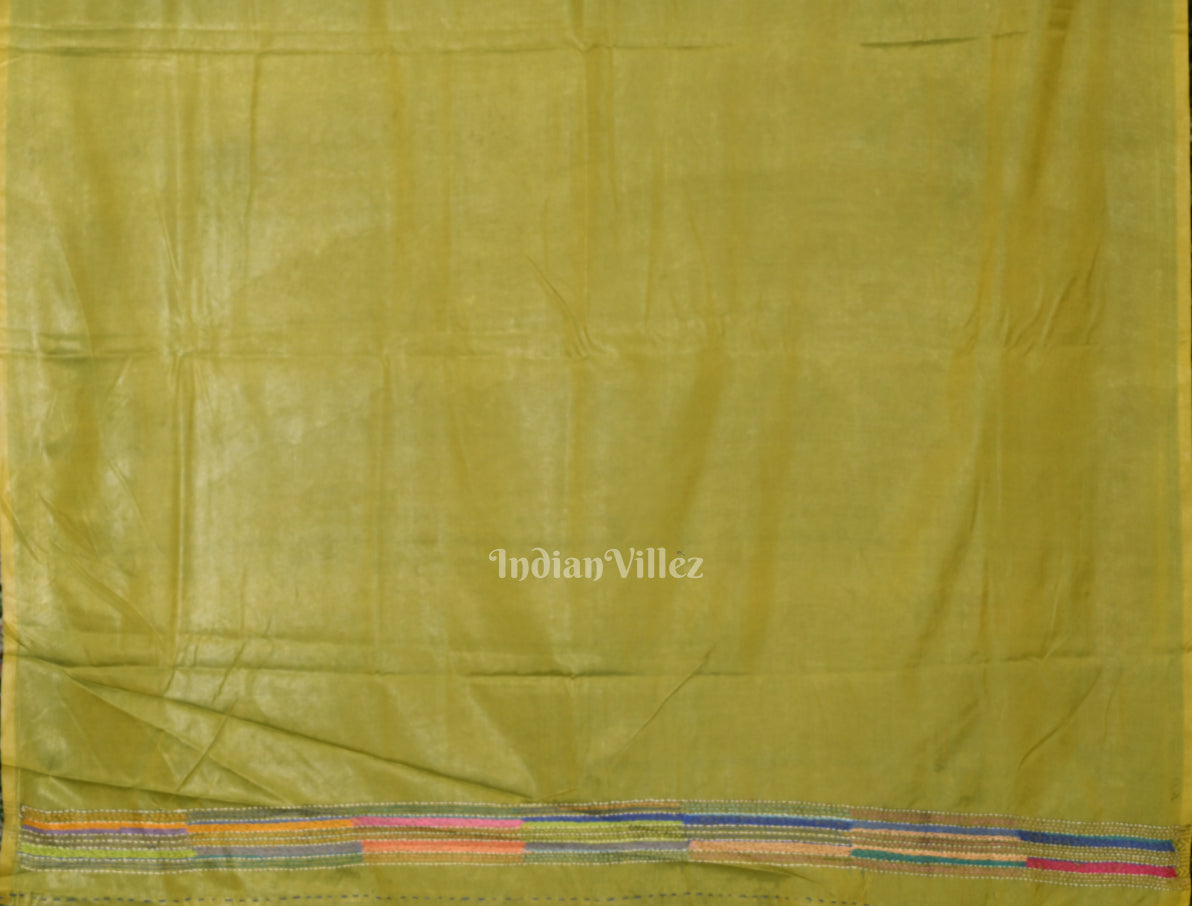 Mehendi Green  Handwoven Kantha Stitch Silk Saree
