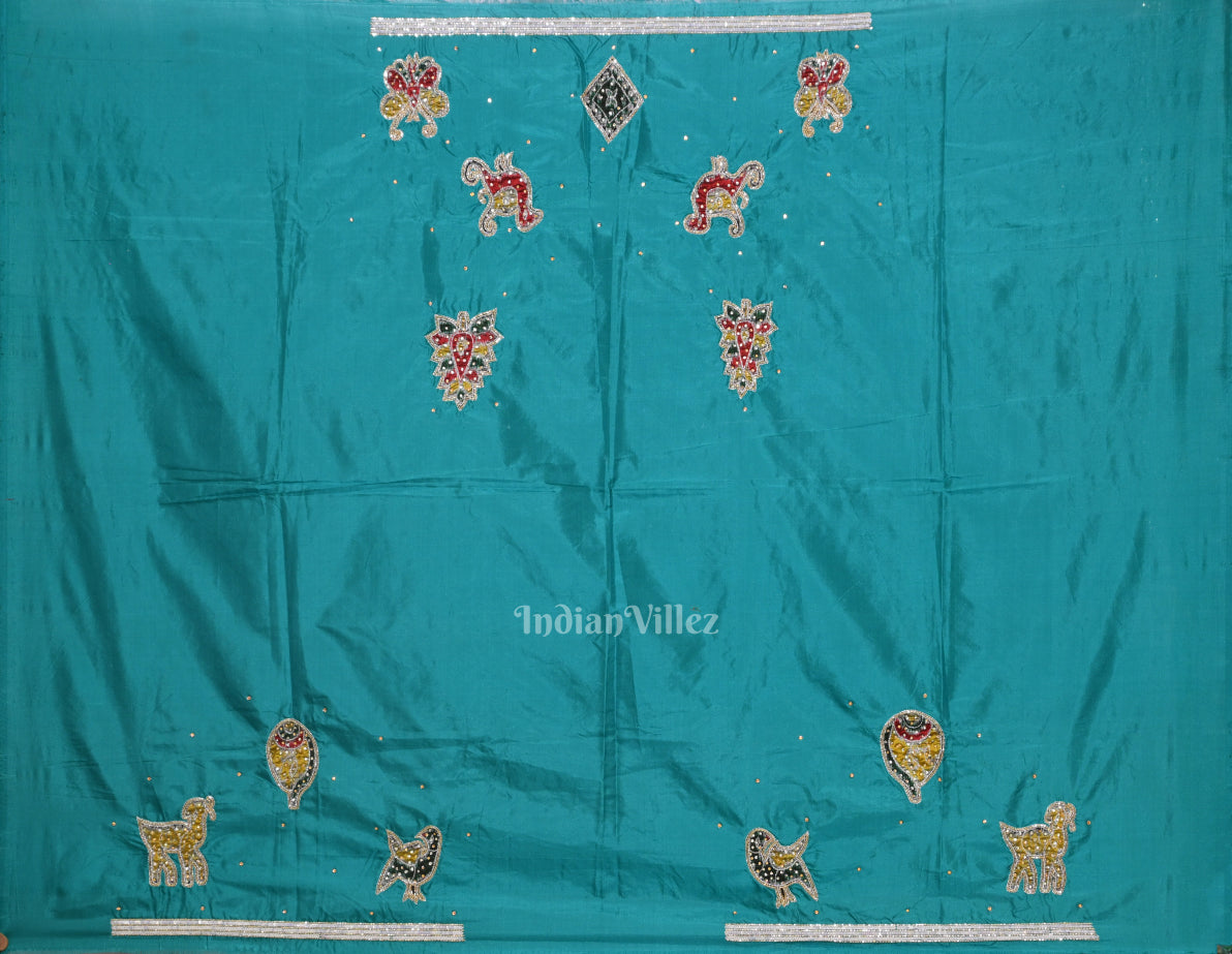 Blue Cement Square Motif Mashru Satin Silk Banarasi Saree 