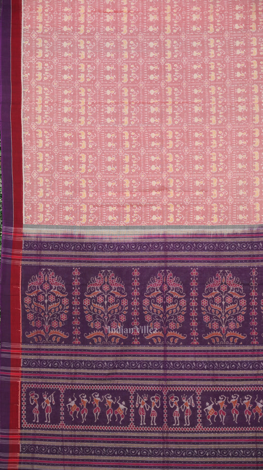 Light Faded Red Tribal Art Odisha Ikat Sambalpuri Pure Cotton Saree