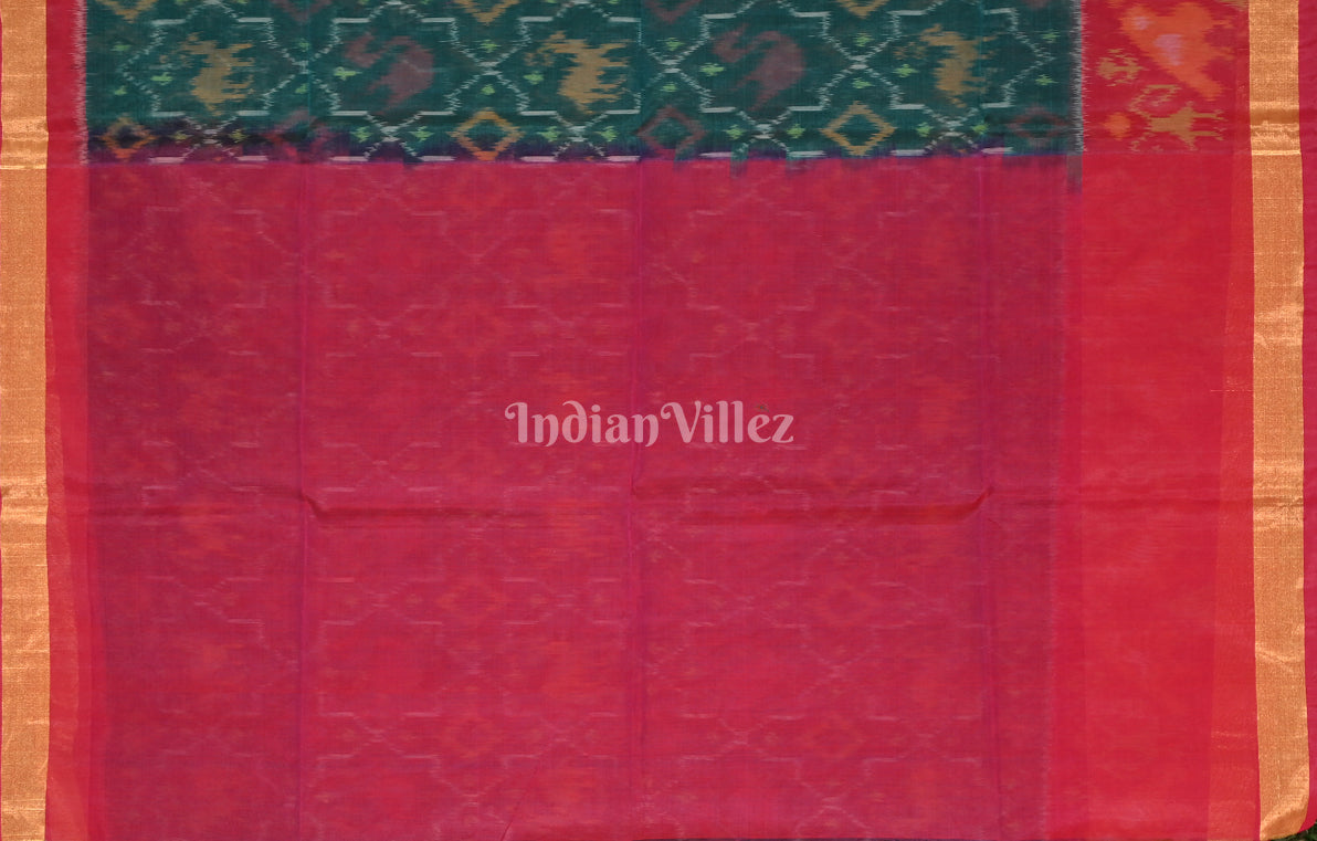 Teal Green Pink Pochampally Ikat Silk Cotton (Sico) Saree 