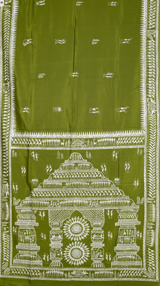 Mehendi Green Tribal Art Konark Temple Hand-Painted Pattachitra Saree