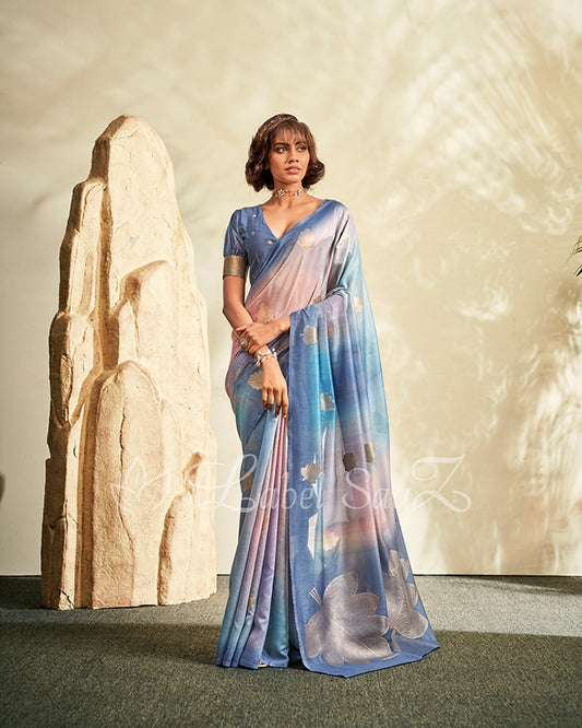 Sky Blue Shaded Floral Linen Saree with Zari work