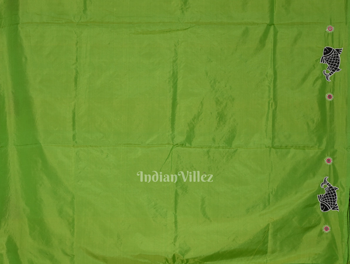 Parrot Green Applique  Work Handwoven saree 