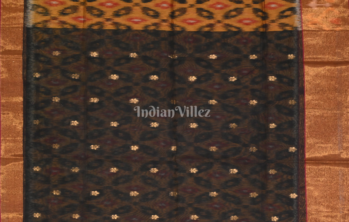 Rust Orange Black Pochampally Ikat Silk Cotton (Sico) Saree 