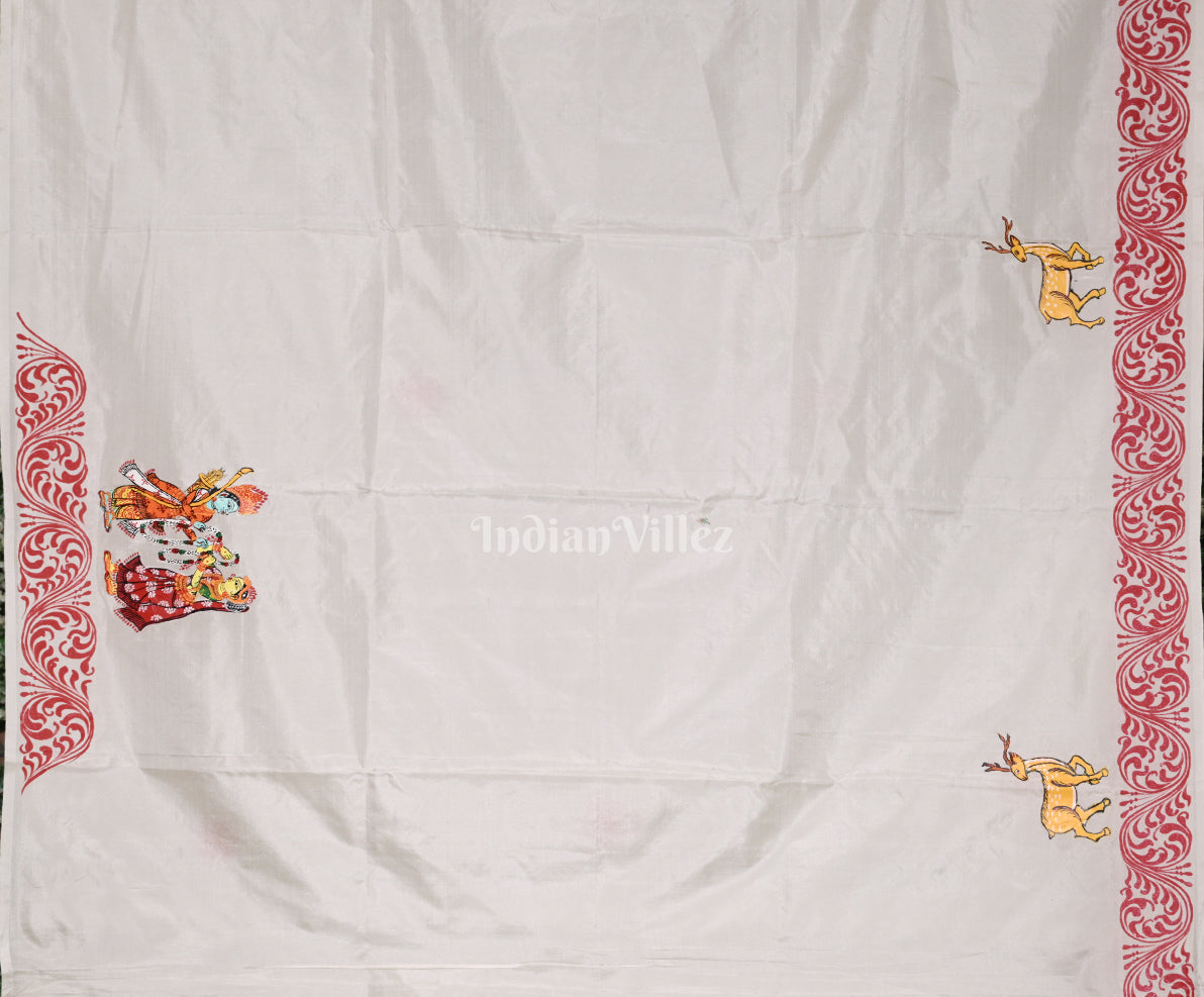 White Red Ramayan Theme Hand-Painted Pattachitra Saree 