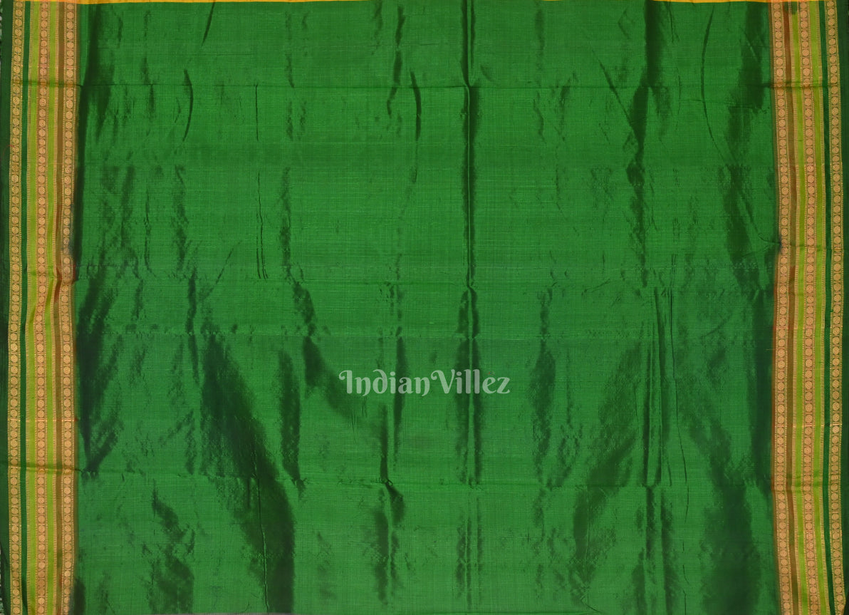 White Green Kathiphera Khandua Silk Saree with Odissi Dancer Pallu 