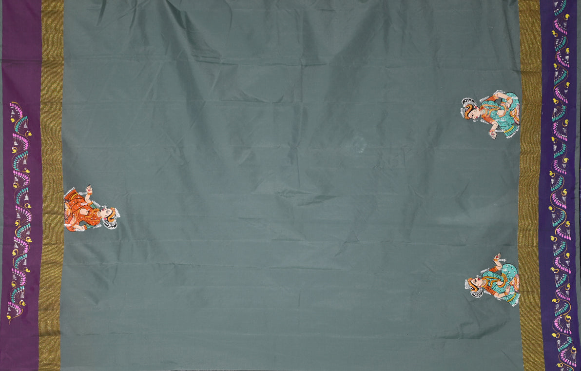 Grey Blue Krishna Rasa Leela Hand-Painted Pattachitra Saree