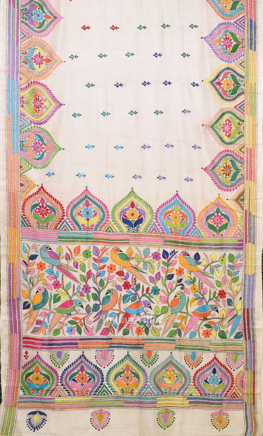 White Handwoven Kantha Stitch Silk Saree