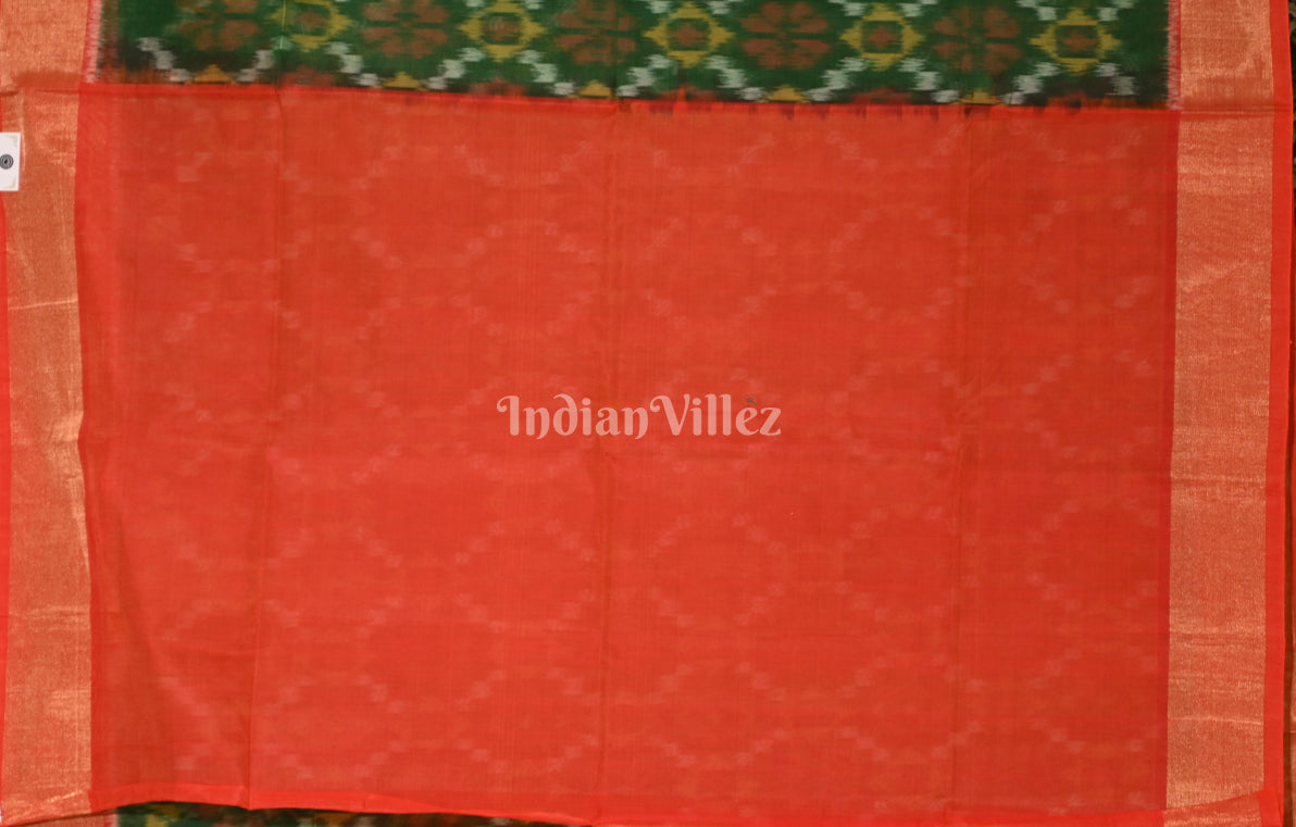 Bottle Green Red Pochampally Ikat Silk Cotton (Sico) Saree with Butterfly Pallu 