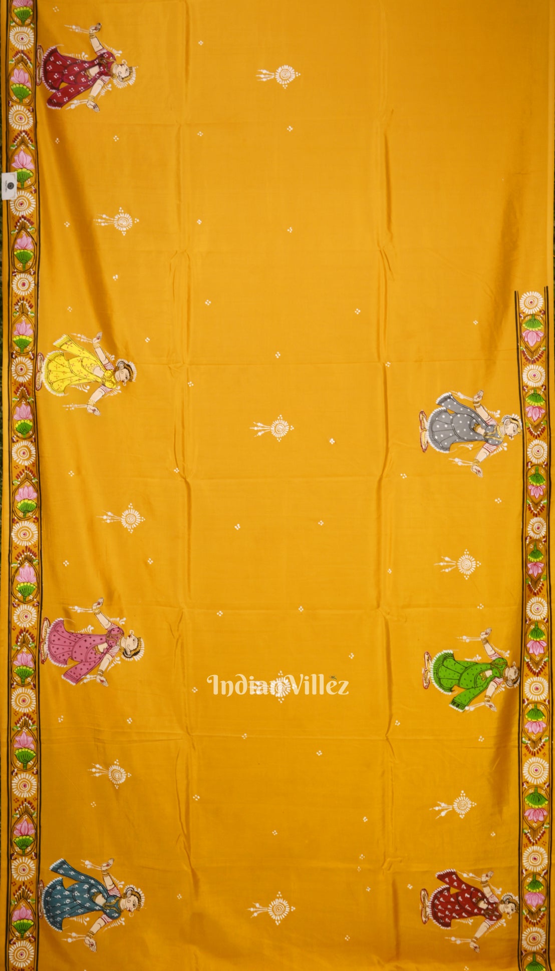 Yellow Ramayana Theme Hand-Painted Pattachitra Saree