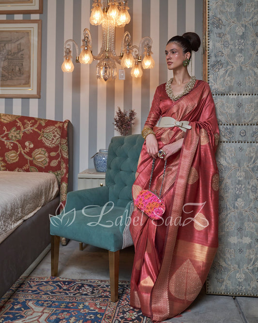 Peach Party Designer Tussar Banarasi With Moti Work Saree