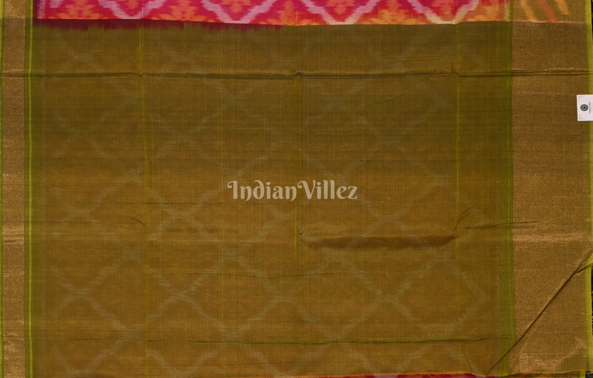 Rani Pink Olive Green Pochampally Ikat Silk Cotton (Sico) Saree