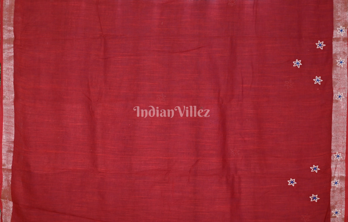 Blue Red Hand Embroidered Applique Work Saree 