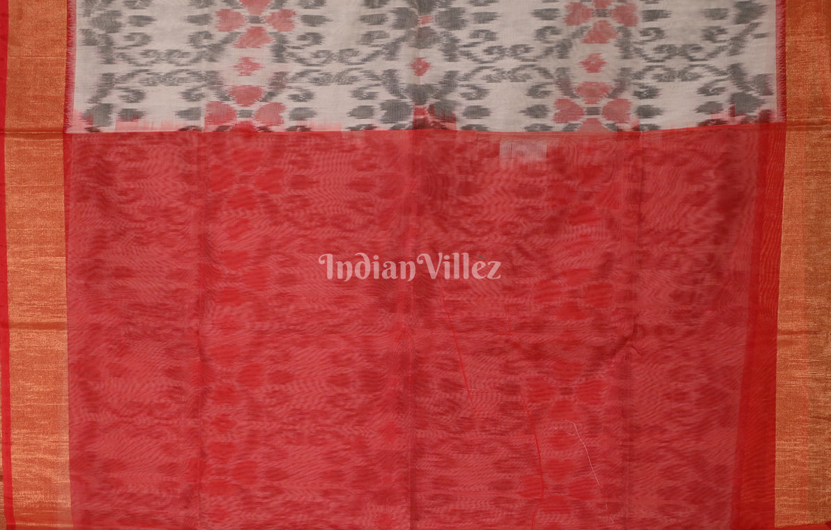 Off White Red Pochampally Ikat Silk Cotton (Sico) Saree with Floral Pallu