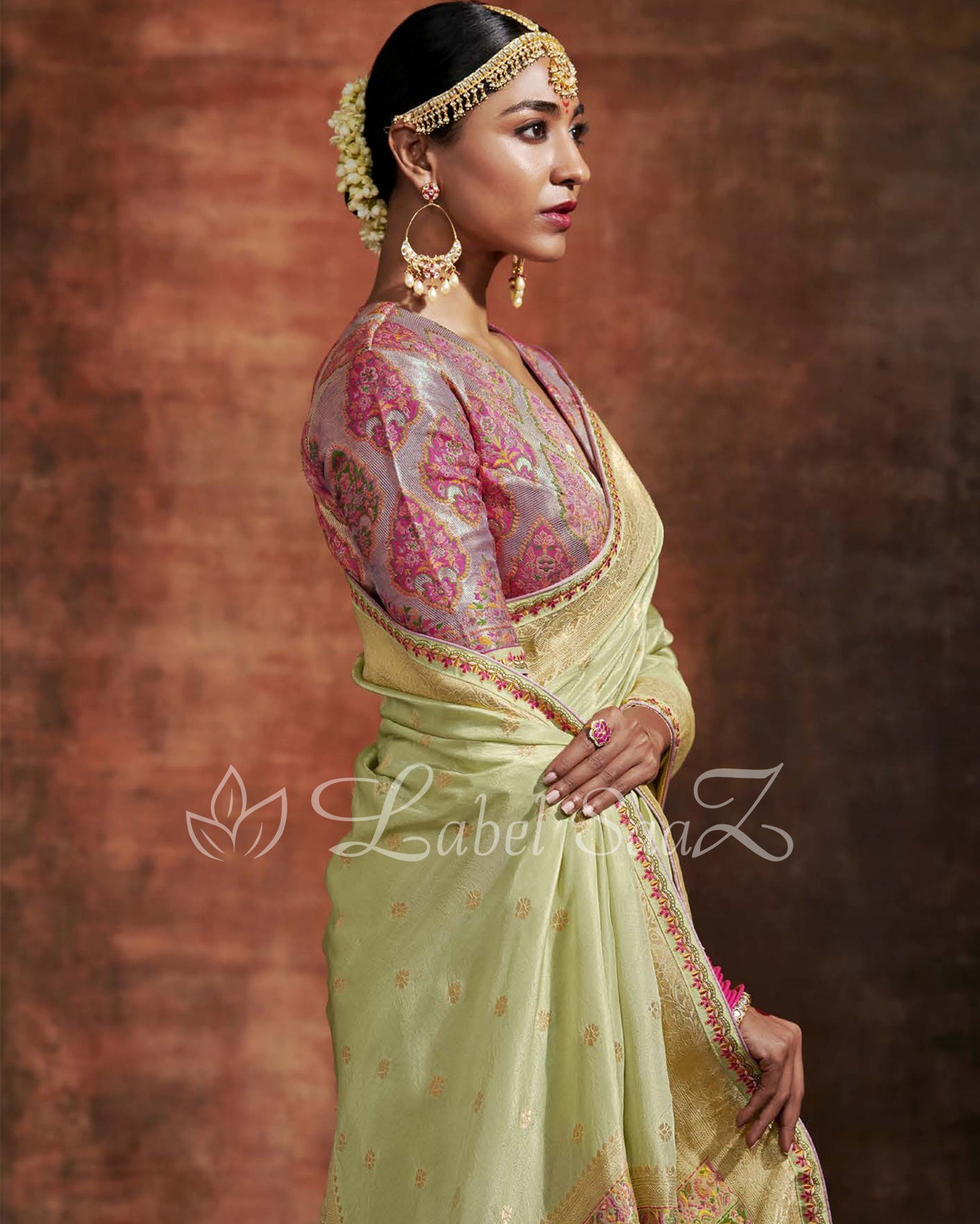 Green Designer Meenakri Banarasi with Kashmiri Embroidery and Heavy Blouse