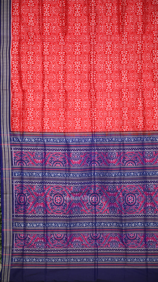 Red Blue Floral Motif Sambalpuri Silk Saree