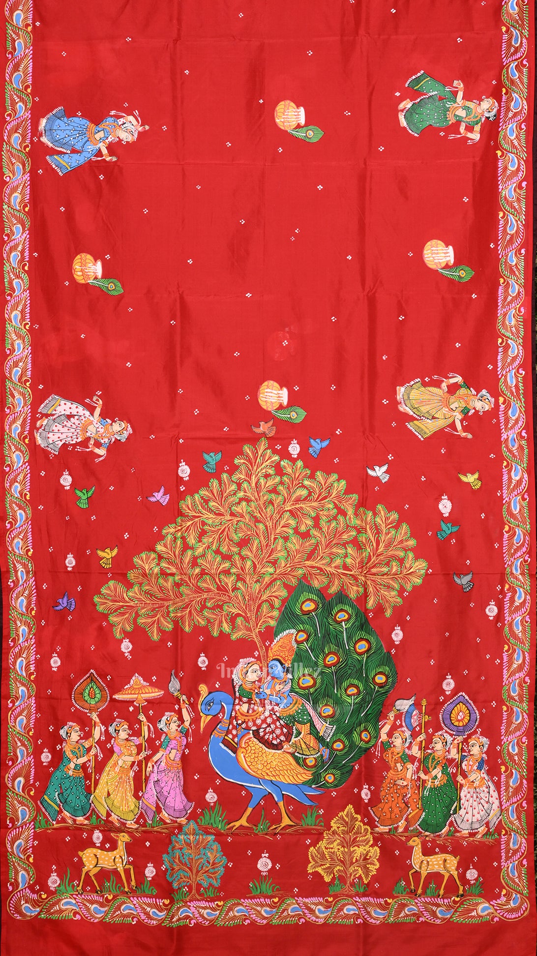 Red with Coffee Rasaleela Theme Hand-Painted Pattachitra Saree