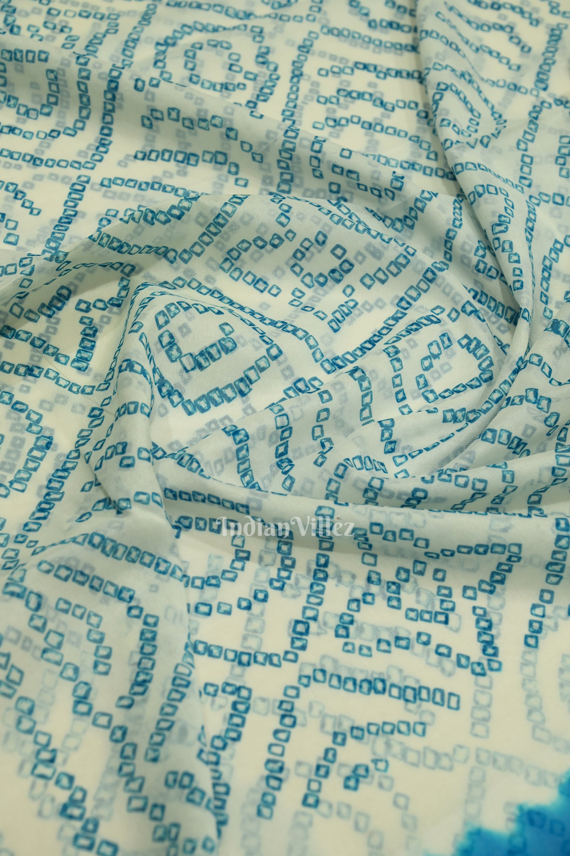White Blue Pure Georgette Bandhani Saree