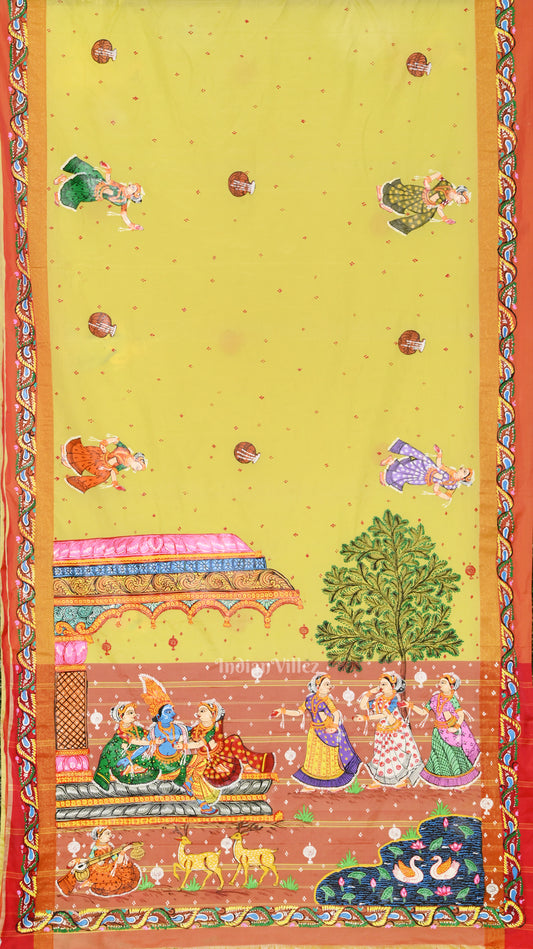 Lemon Yellow Red Radha Krishna Raasleela Hand-Painted Pattachitra Saree 