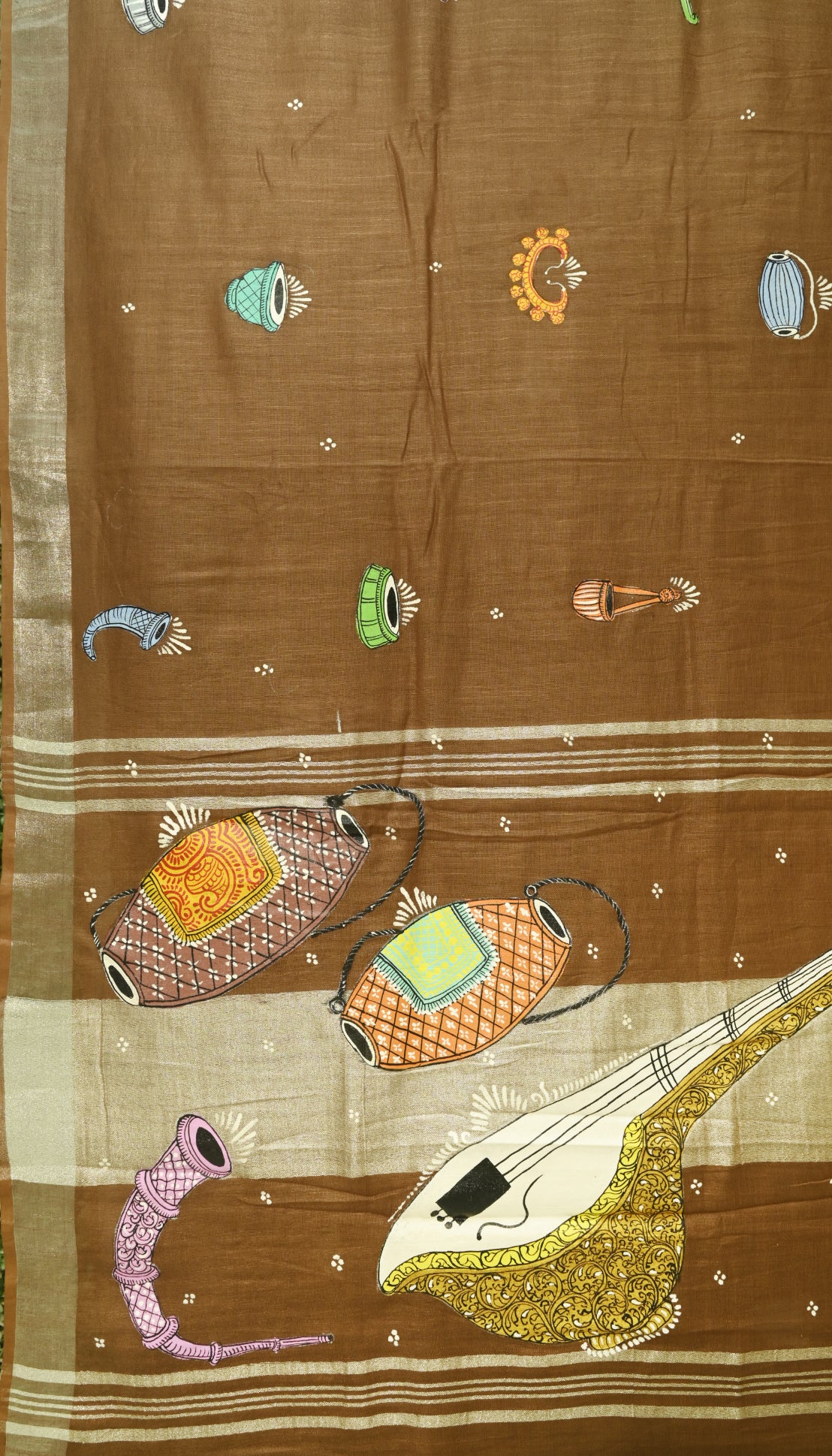 Caramel Musical Theme Hand-Painted Pattachitra Linen Saree With Zari Border