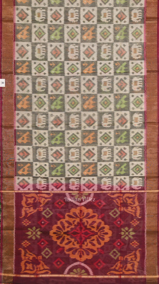 White with Multicolor Pochampally Ikat Sico (Silk & Cotton) Saree with Zari Border 