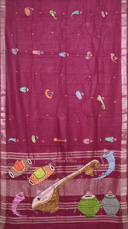Rani Pink Musical Theme Hand-Painted Pattachitra Saree 