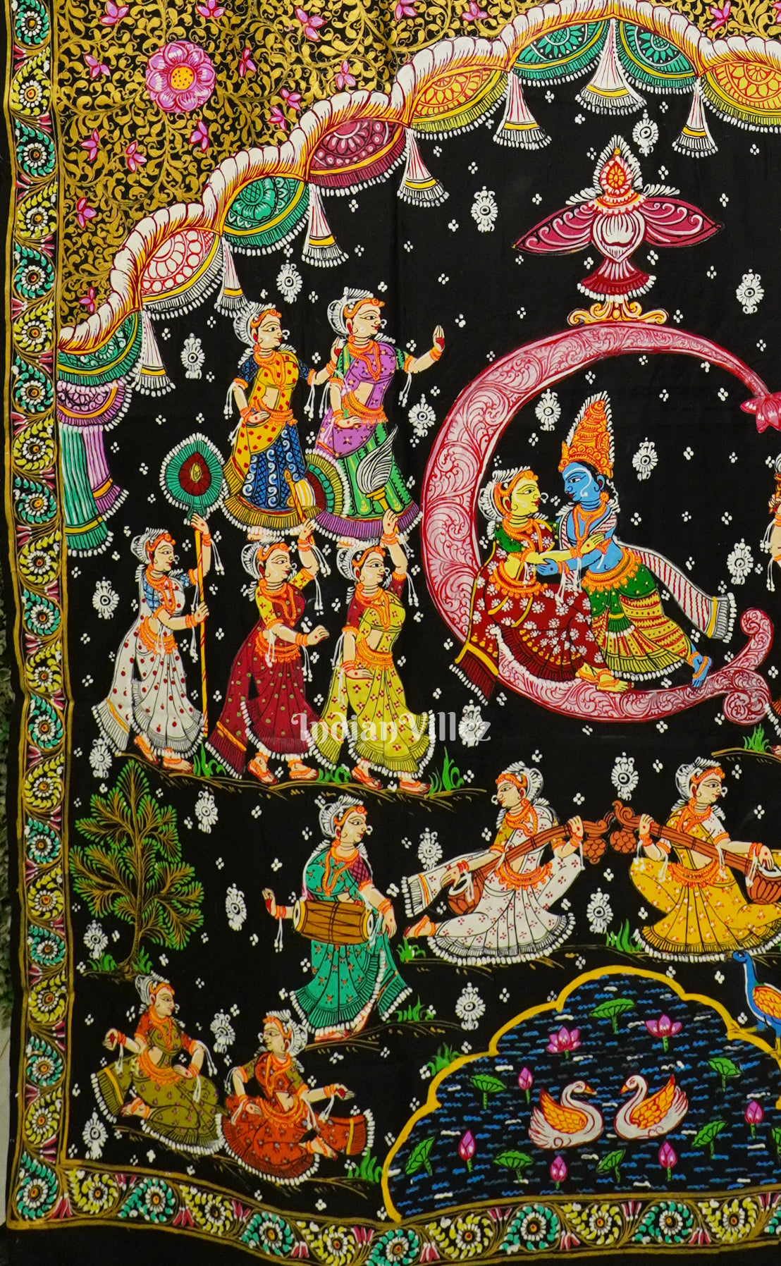 Black Ardha Chandra Krishna Rasa Leela Hand-Painted Pattachitra Silk S ...