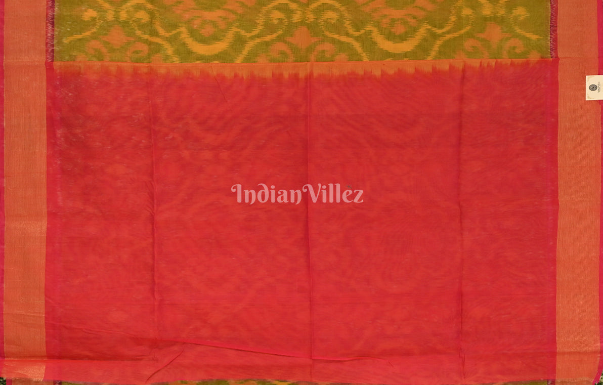 Mehendi Green Pink Pochampally Ikat Silk Cotton (Sico) Saree
