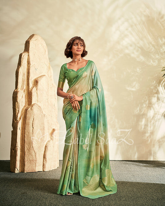 Green Shaded Floral Linen Saree with Zari Work