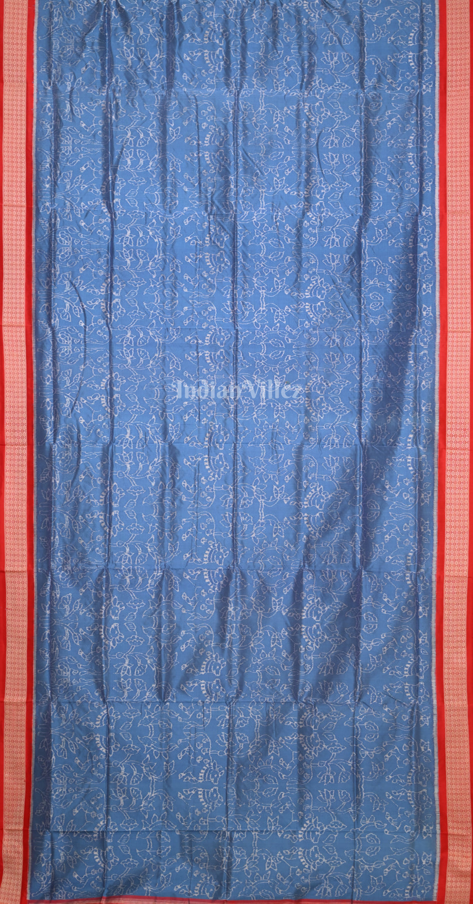 Peacock Blue Red Lotus & Animal Motif Odisha Ikat Sambalpuri Silk Saree 