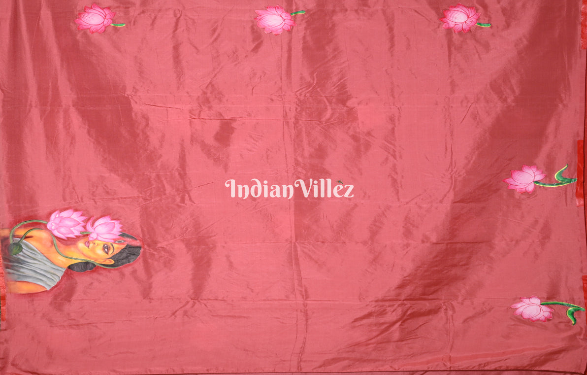 Peach Women with Lotus Motif Hand-Painted Pattachitra Saree 