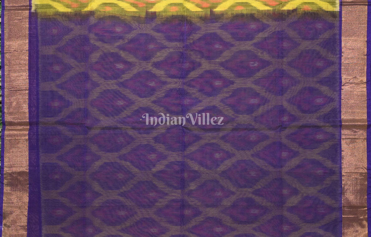 Lime Yellow Purple Pochampally Ikat Silk Cotton (Sico) Saree