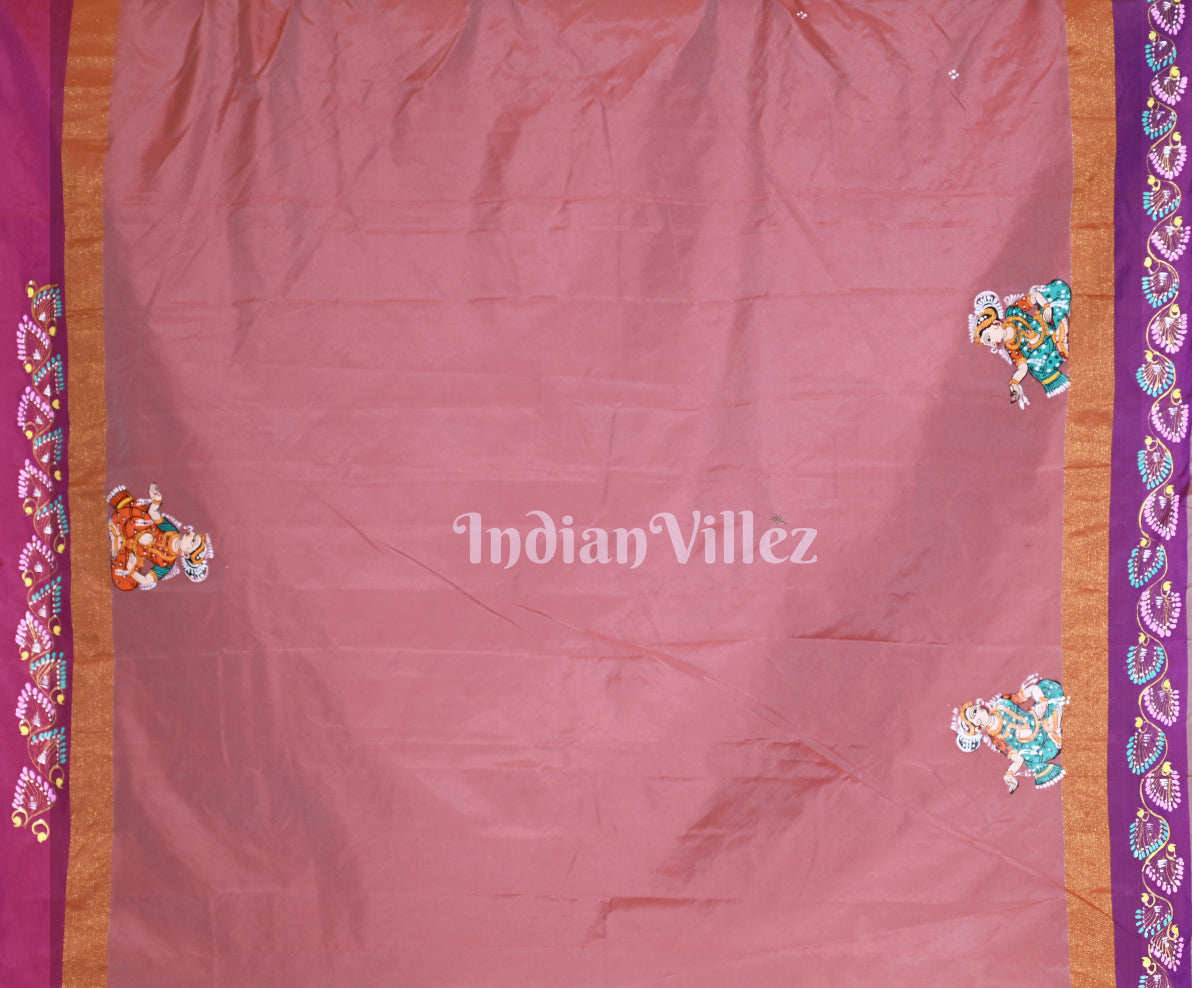 Mauve Pink Krishna Rasa Leela Hand-Painted Pattachitra Saree