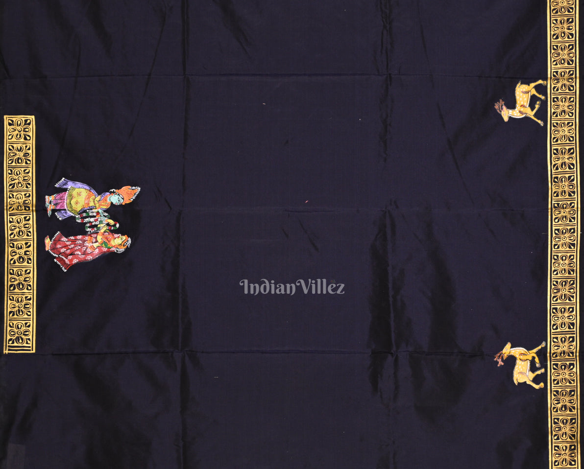 Navy Blue Ramayan Theme Pattachitra Saree