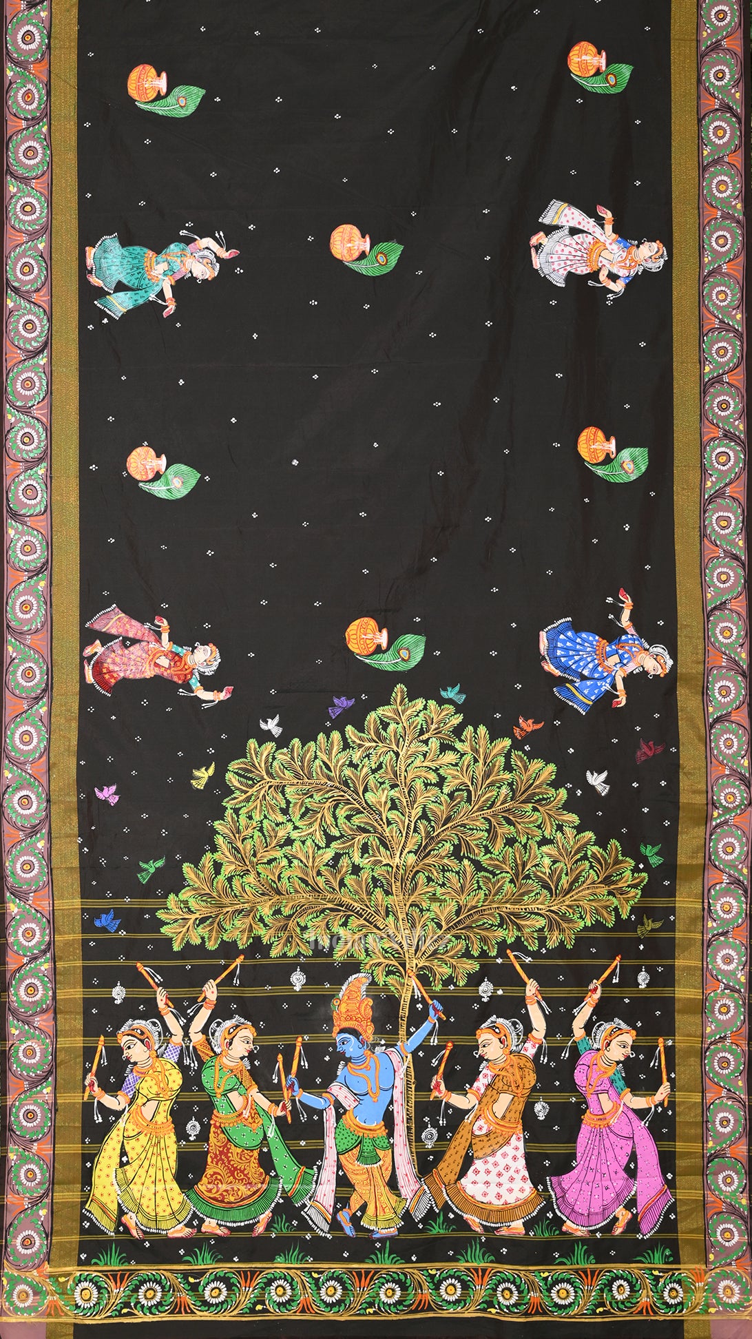 Black  Dual Tone Radha Krishna Hand-Painted Pattachitra Saree