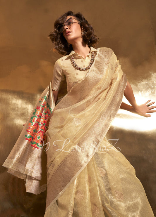 Pastel Golden Kora Silk Tissue Handloom Saree With Paithani Pallu