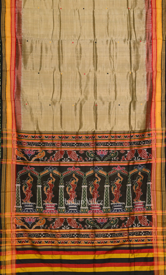 Beige Black Kathiphera Khandua Silk Saree with Odissi Dancer Pallu
