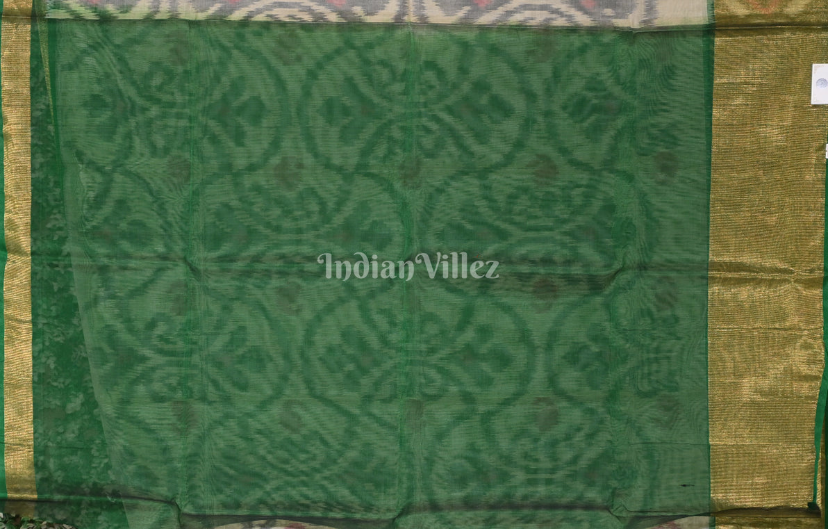 Off White Green Floral Border Pochampally Ikat Silk Cotton (Sico) Saree