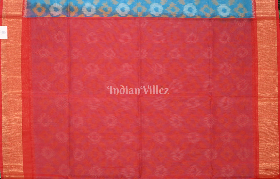 Sky Blue Red Pochampally Ikat Silk Cotton (Sico) Saree 