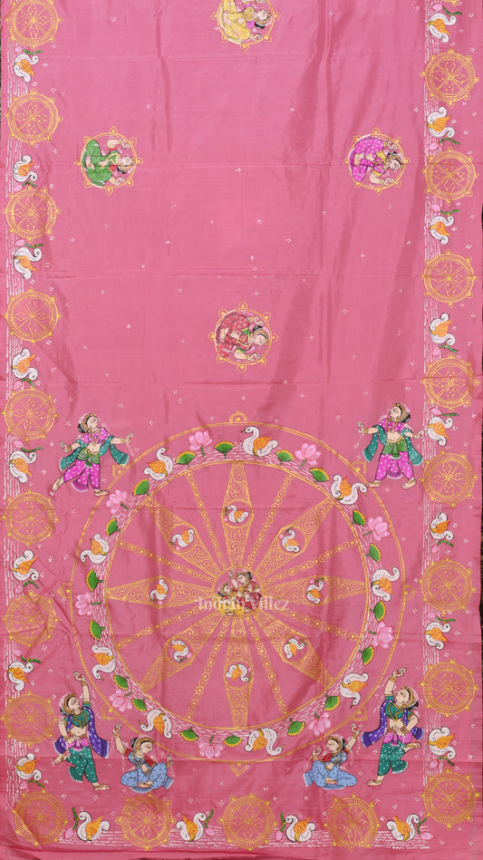Baby Pink Konark Chakra & Dancer Theme Hand-Painted Pattachitra Saree