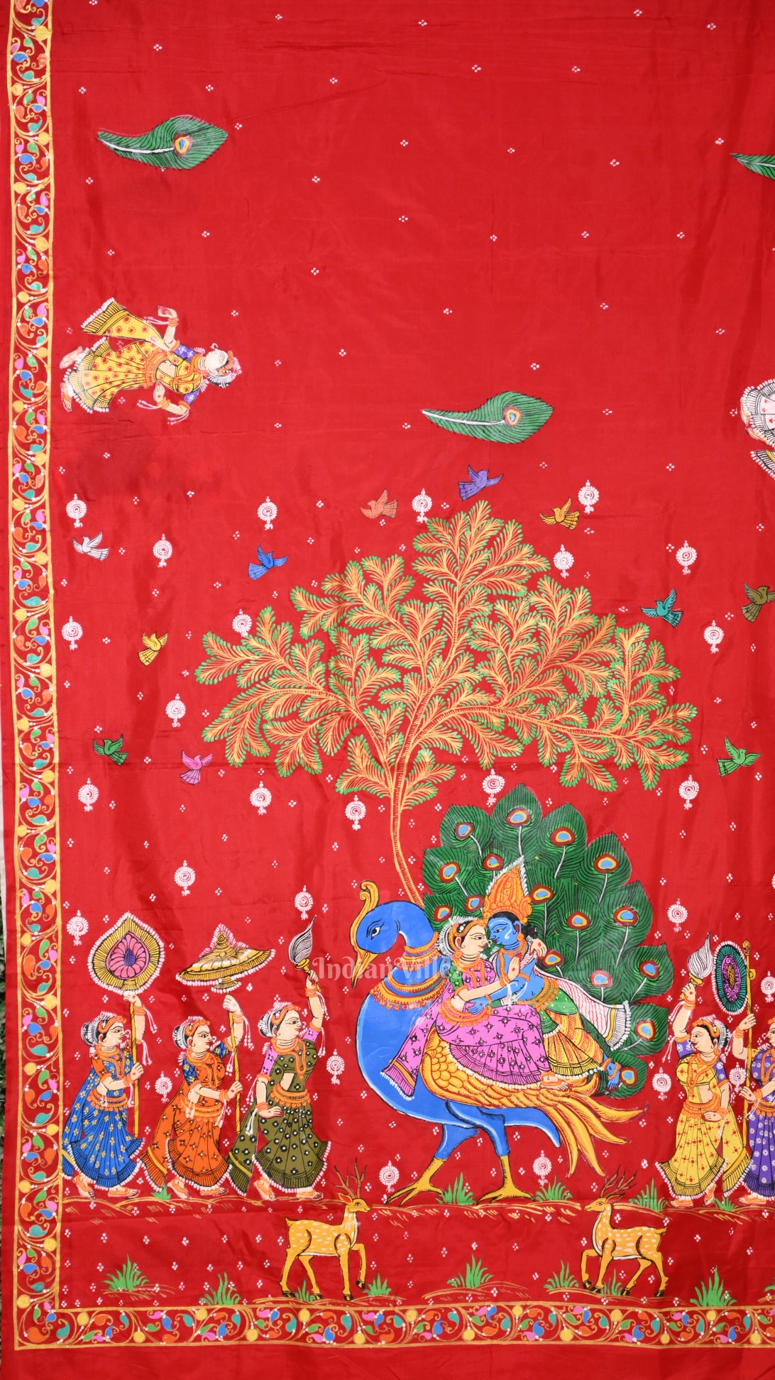 Red White Radha Krishna  Peacock Design Hand-Painted Pattachitra Saree