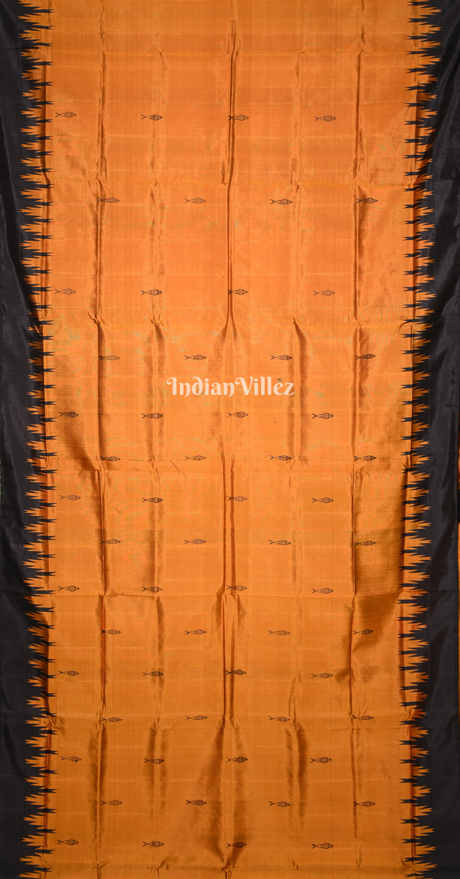 Orange Black Fish Motif Double Pallu Berhampuri Silk Saree