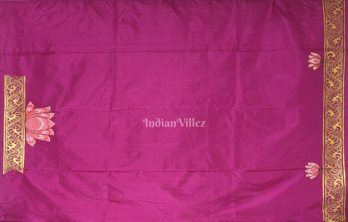 Magenta Pink Durga Puja Theme Hand-Painted Pattachitra Saree