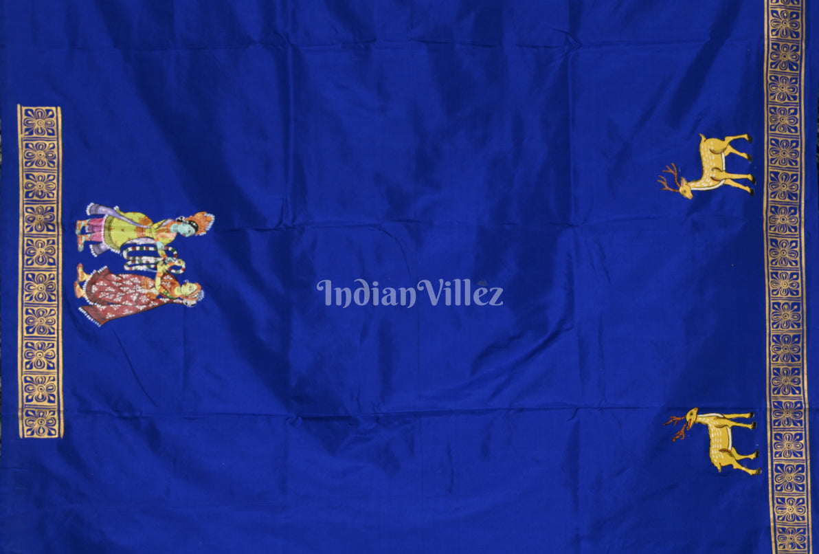 Royal Blue Ramayan Theme Hand-Painted Pattachitra Saree 