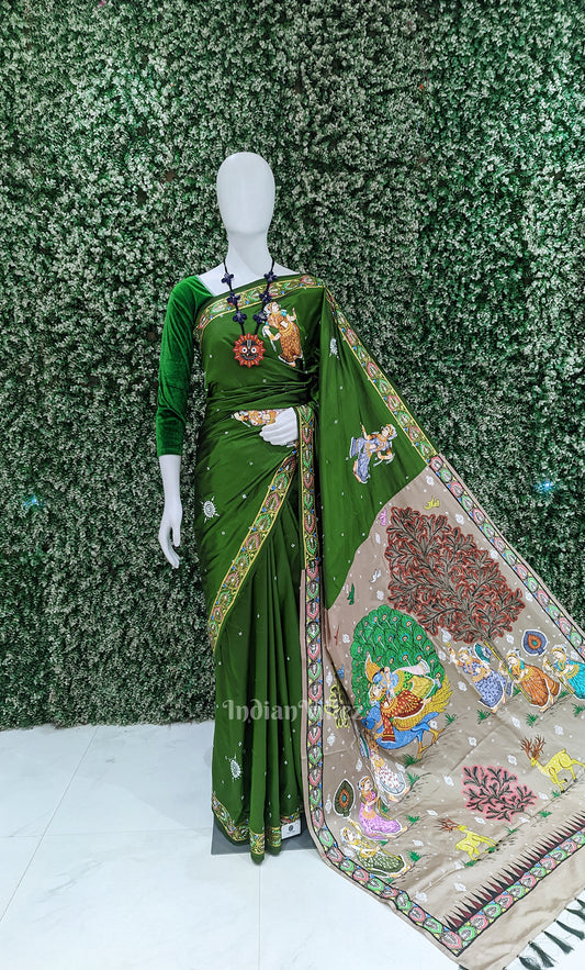 Mehendi Green Cream Krishna Peacock Design Hand-Painted Pattachitra Saree