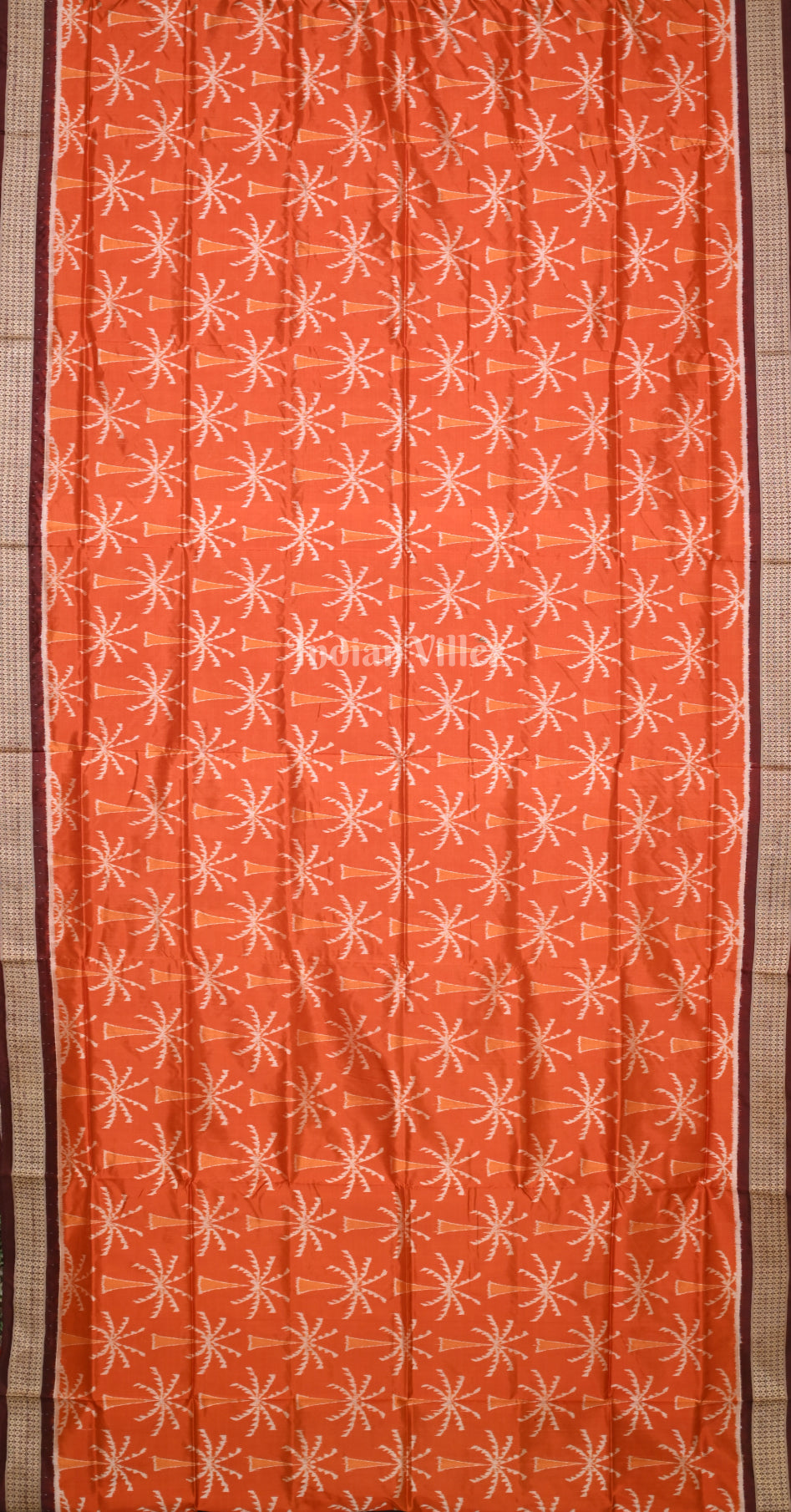 Rust Orange Coffee Coconut Tree Motif Odisha Ikat Sambalpuri Silk Saree 